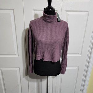 Women's Long Sleeve Turtleneck Cropped Shirt - Dark Mauve, Waffle Material